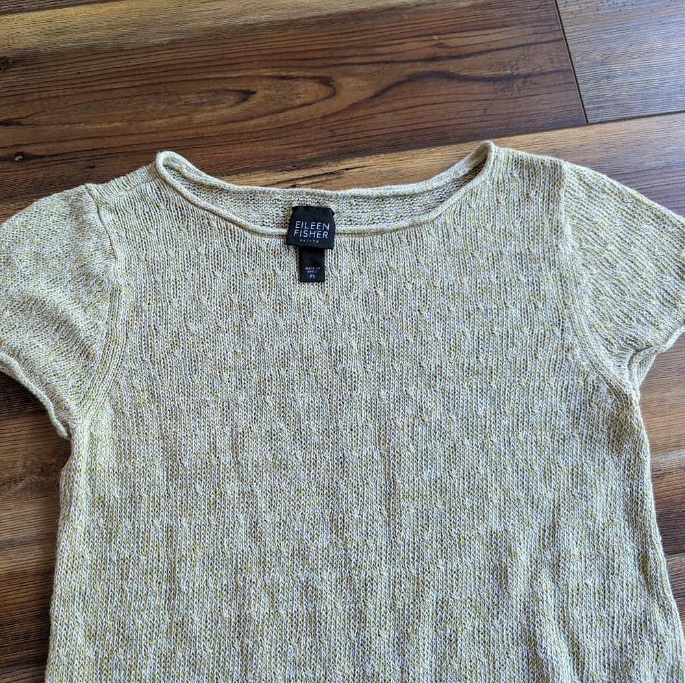 Eileen Fisher Linen Yellow/Tan Open Knit Capped Sleeve T- Shirt Top Size PS - Picture 5 of 11